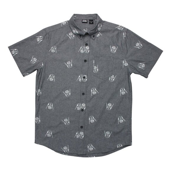 Star Wars Allover Darth Vader Print Cotton Short Sleeve Button Down, Grey, L - Picture 1 of 8